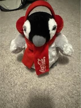 Coca-Cola PENGUIN Plush Bean Bag Beanie Earmuffs And Scarf  RARE SAMPLE TAG